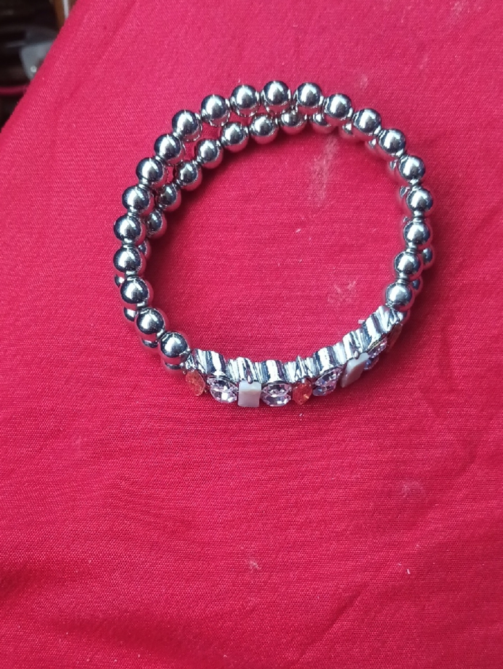 Silver Beaded Stretch Bracelet with Crystal Accent
